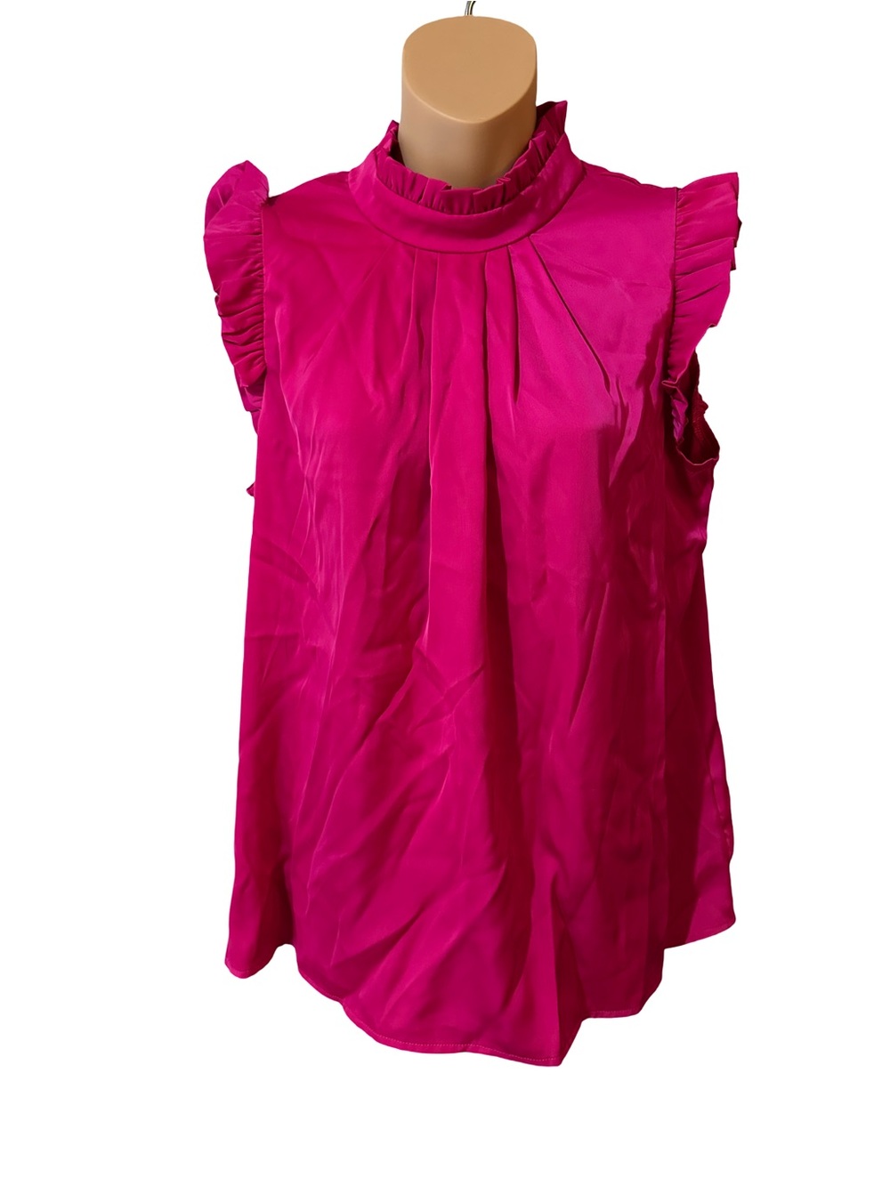 Fuchsia Pink Satin-Effect Sleeveless Blouse – High Mock Neck Ruffle Detail M
